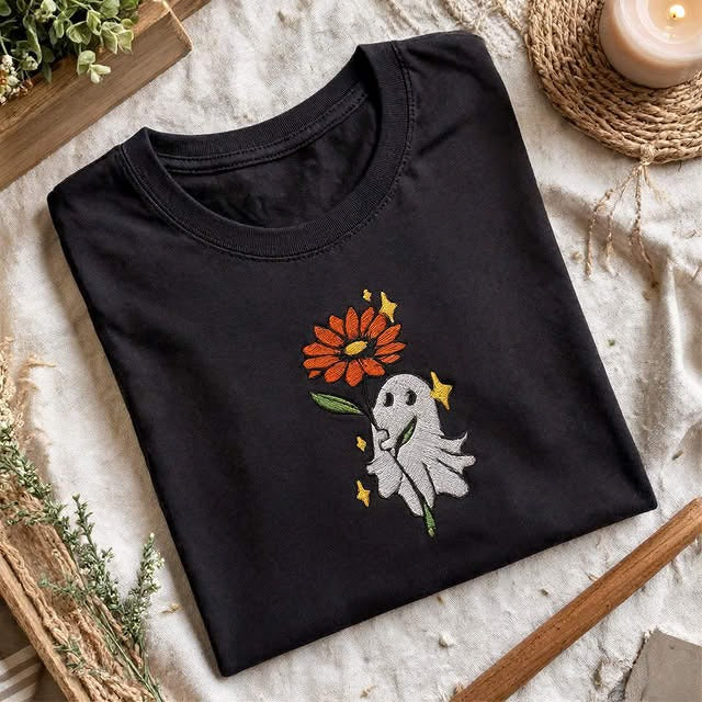 Embroidered Ghost Holding a Flower Classic Adult Unisex Crew Neck T-Shirt
