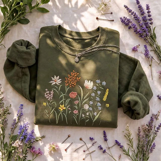 Embroidered Cute Wildflowers Classic Crewneck Sweatshirt