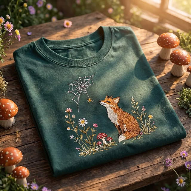 Embroidered Fox Cottagecore Classic Adult Unisex Crew Neck T-Shirt