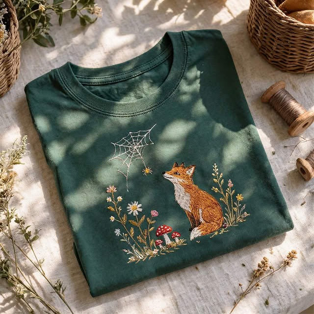 Embroidered Fox Cottagecore Classic Adult Unisex Crew Neck T-Shirt