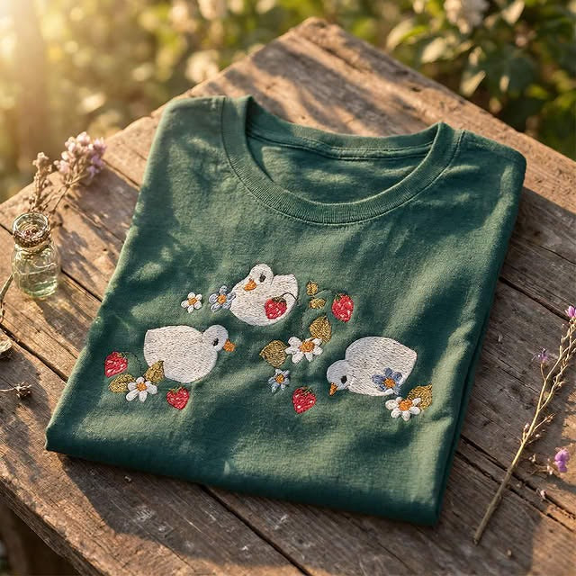 Embroidered Strawberry Duck Classic Adult Unisex Crew Neck T-Shirt