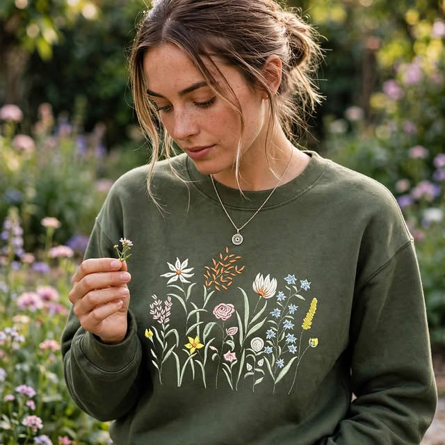 Embroidered Cute Wildflowers Classic Crewneck Sweatshirt