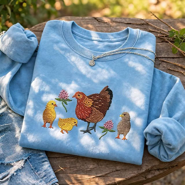 Embroidered Hen & Chicks Classic Crewneck Sweatshirt