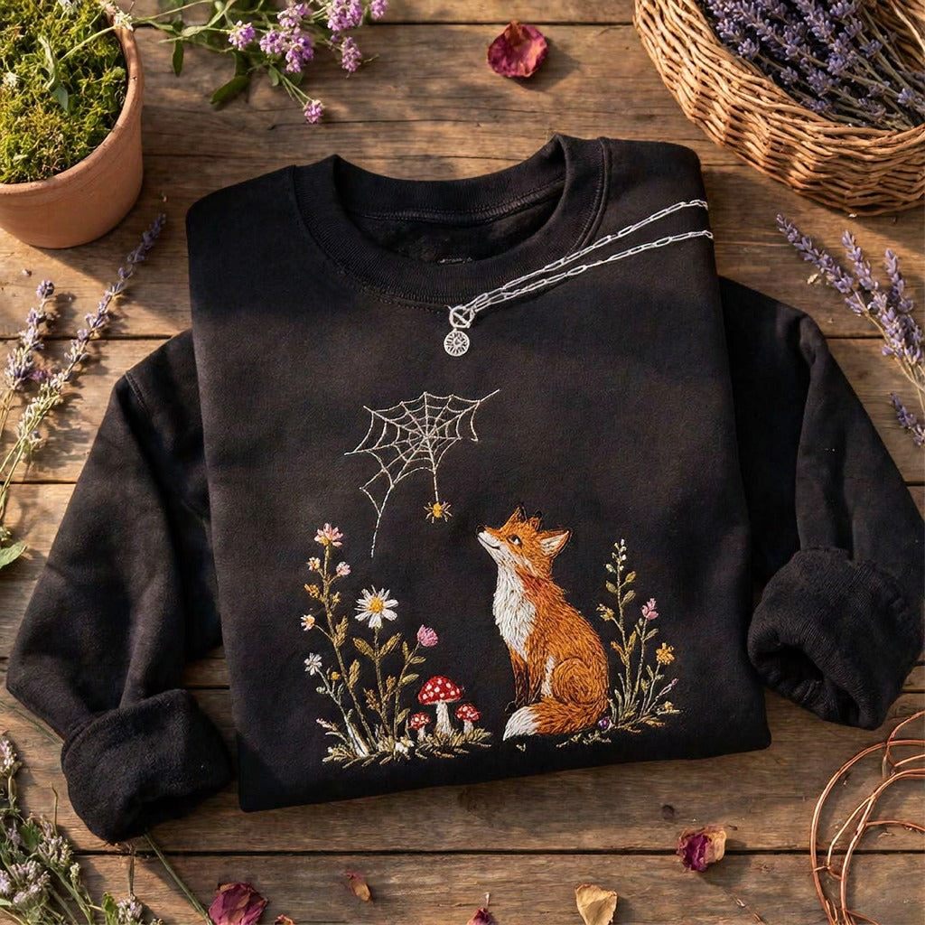 Embroidered Fox Cottagecore Classic Crewneck Sweatshirt