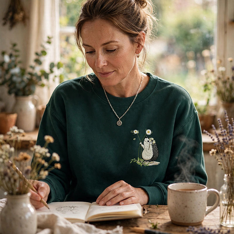 Embroidered Hedgehog Daisy Classic Crewneck Sweatshirt