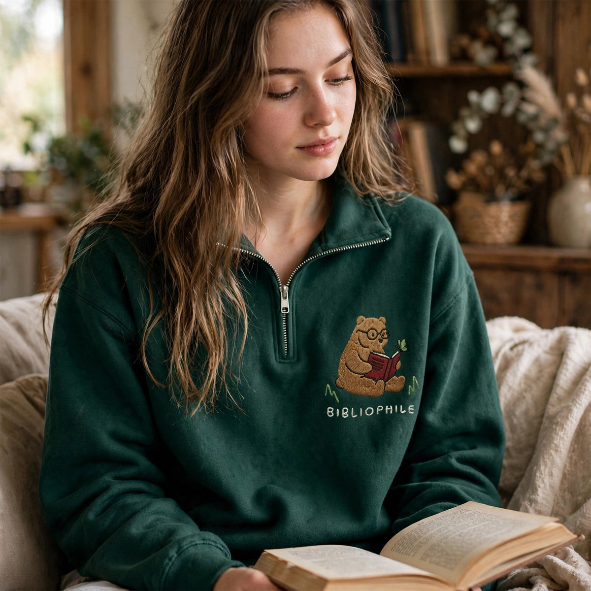 Embroidered Reading Bear Classic Quarter Zip Sweatshirt