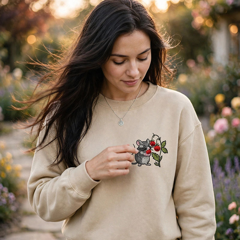 Embroidered Cottagecore Mouse Classic Crewneck Sweatshirt