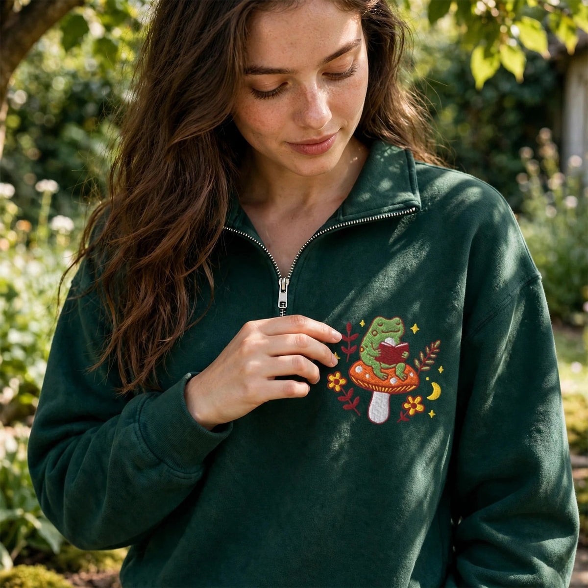 Embroidered Bookish Frog Classic Quarter Zip Sweatshirt