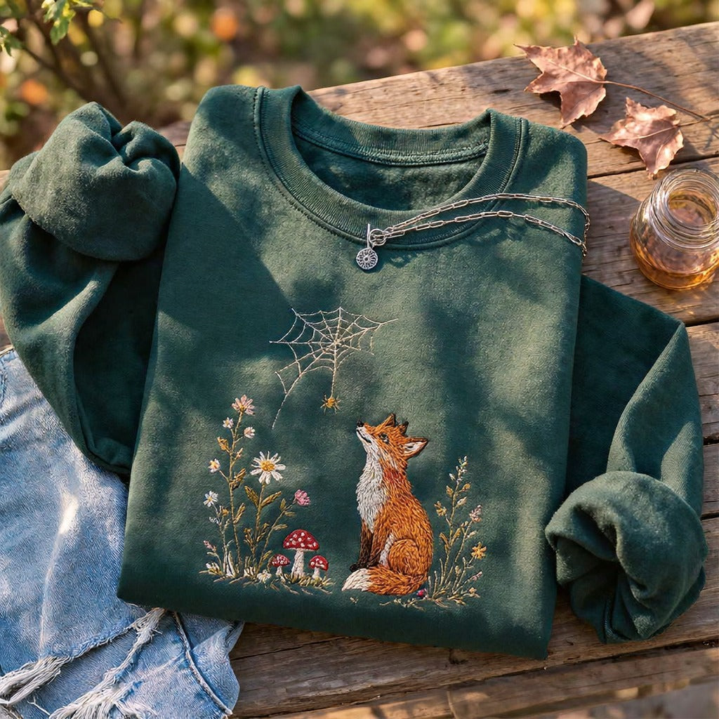 Embroidered Fox Cottagecore Classic Crewneck Sweatshirt
