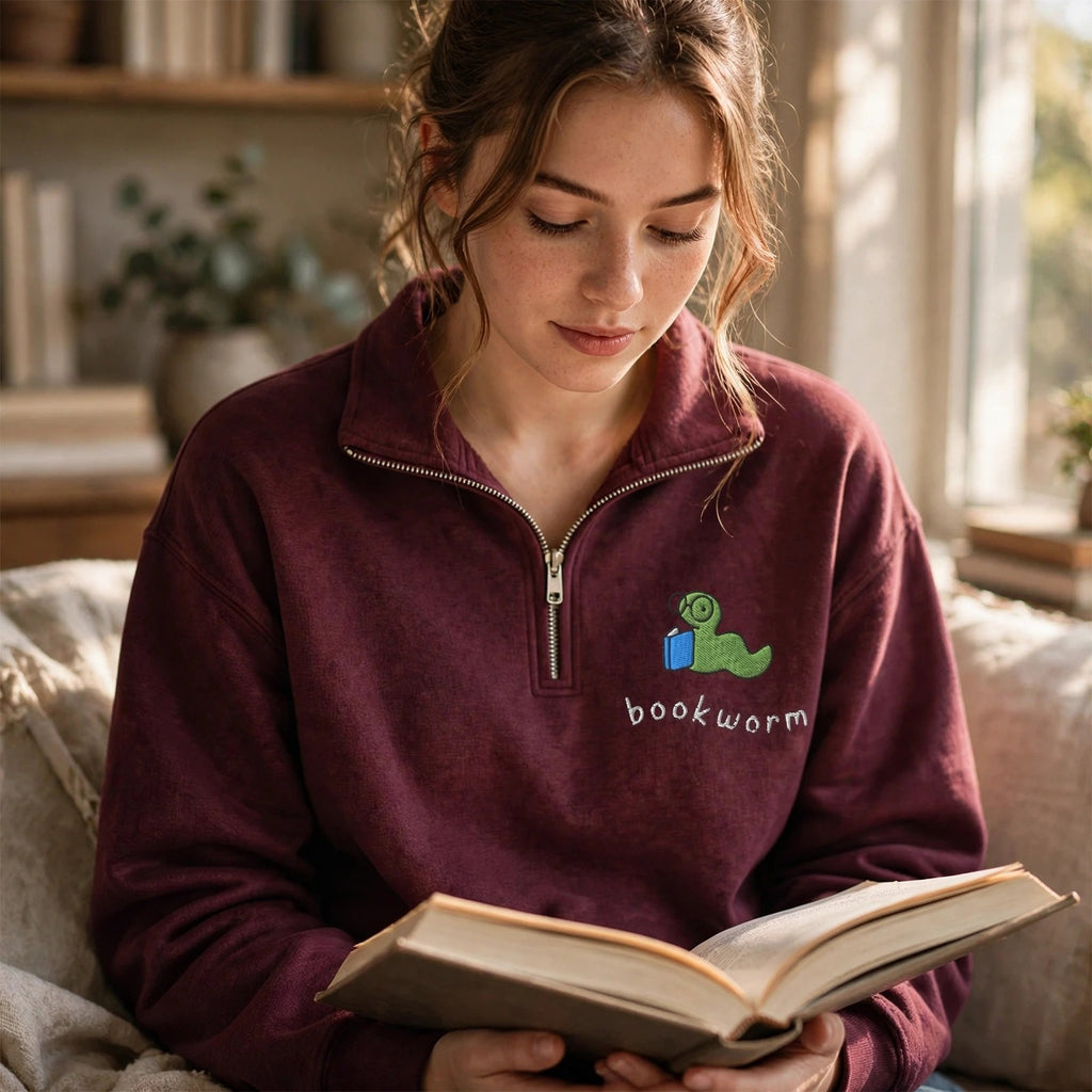 Embroidered Funny Bookworm Classic Quarter Zip Sweatshirt