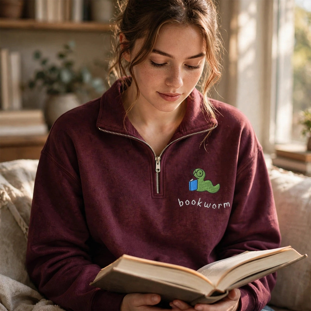 Embroidered Funny Bookworm Classic Quarter Zip Sweatshirt