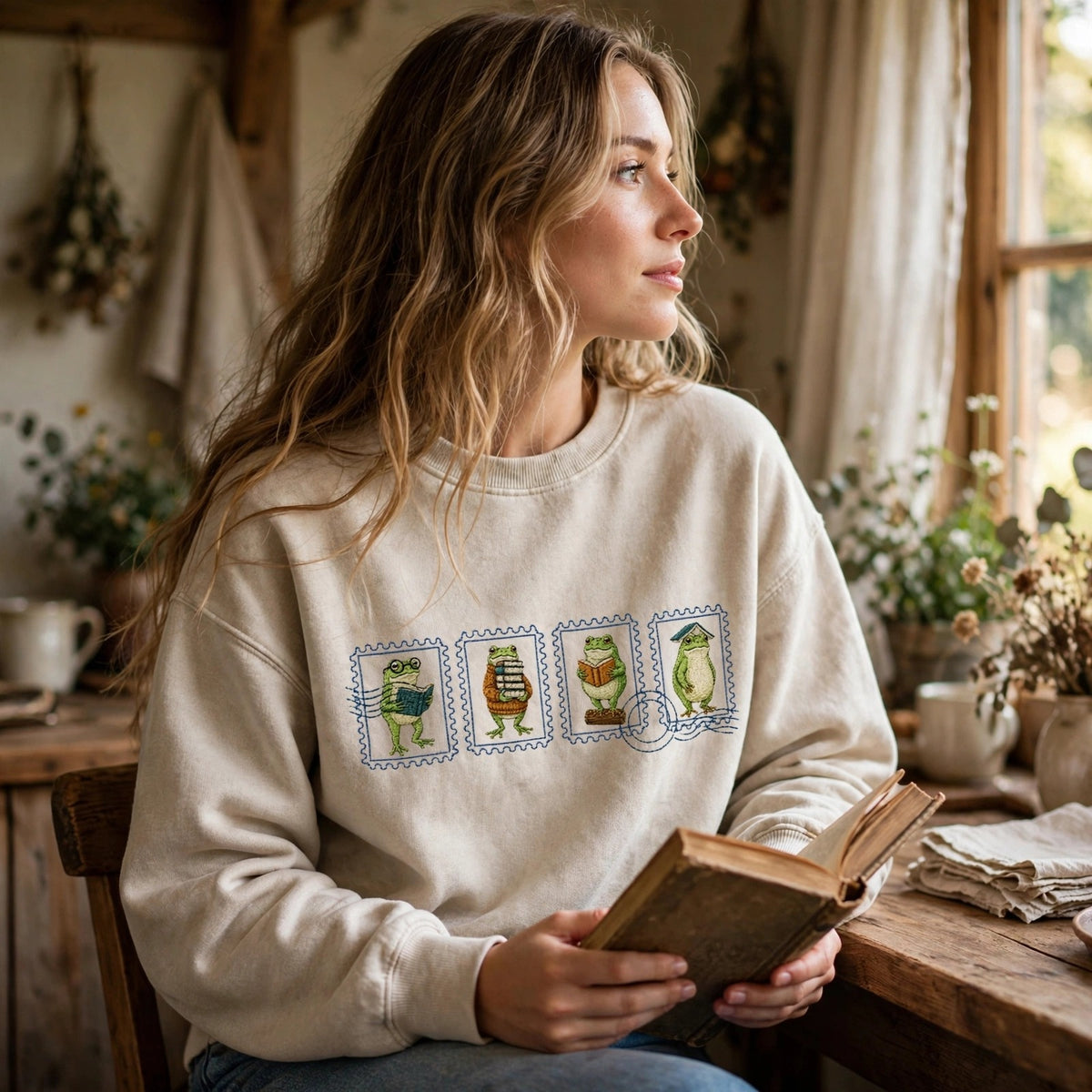 Embroidered Bookish Frog Stamp Washed Crewneck Sweatshirt
