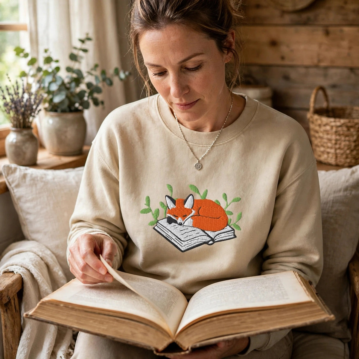 Embroidered Sleeping Fox On The Book Classic Crewneck Sweatshirt