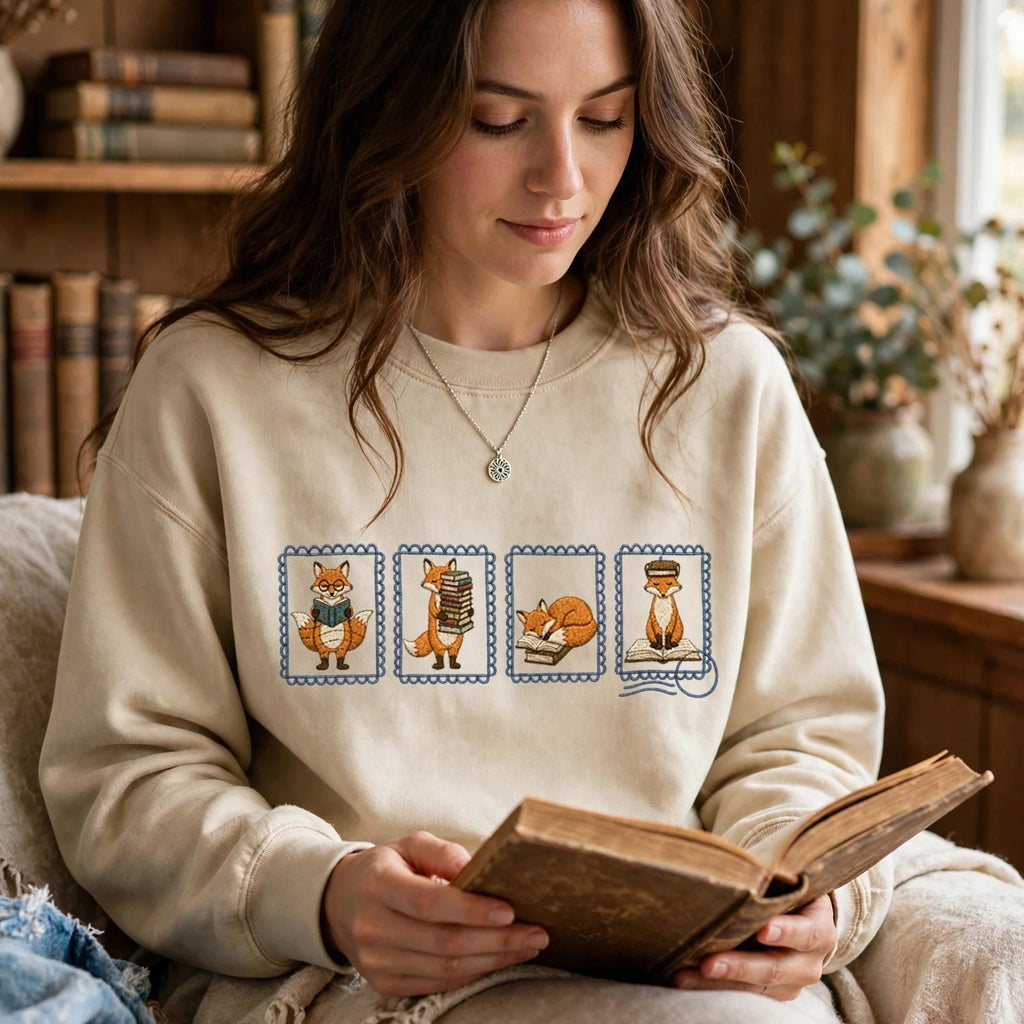 Embroidered Bookish Fox Stamp Classic Crewneck Sweatshirt