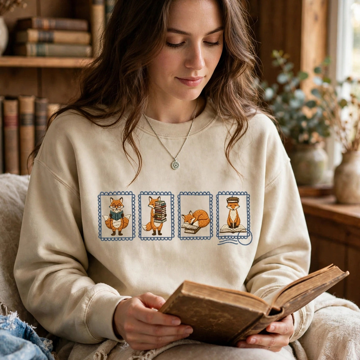Embroidered Bookish Fox Stamp Classic Crewneck Sweatshirt