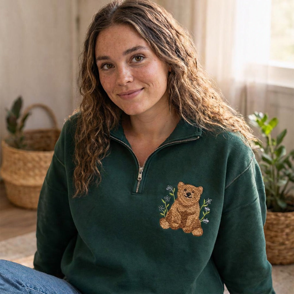 Embroidered Floral Beer Classic Quarter Zip Sweatshirt