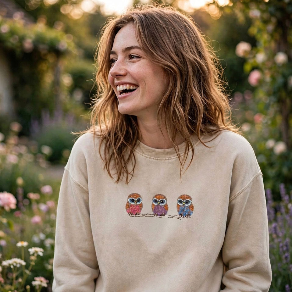 Embroidered Cute Owl Washed Crewneck Sweatshirt
