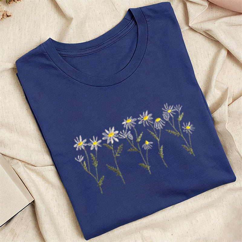 Embroidered Daisy Classic Adult Unisex Crew Neck T-Shirt