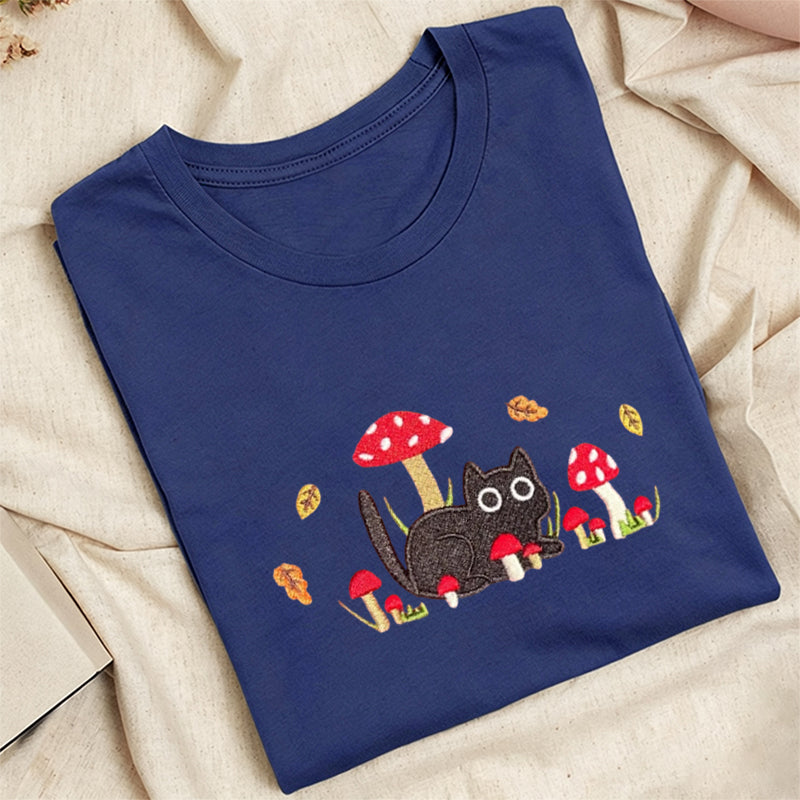 Embroidered Mushroom Cat Classic Adult Unisex Crew Neck T-Shirt