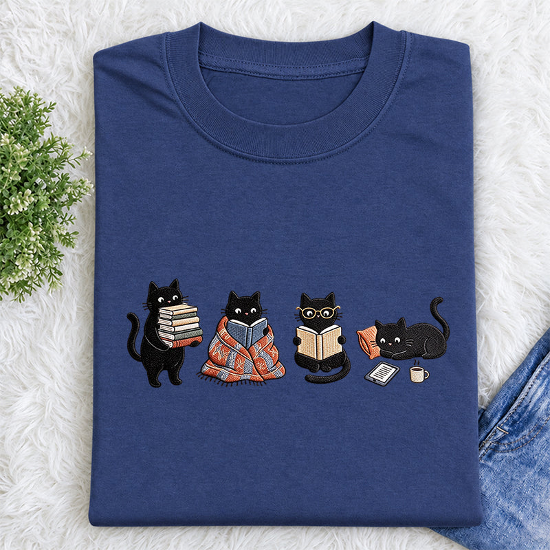 Embroidered Bookish Black Cats Classic Crew Neck T-Shirt