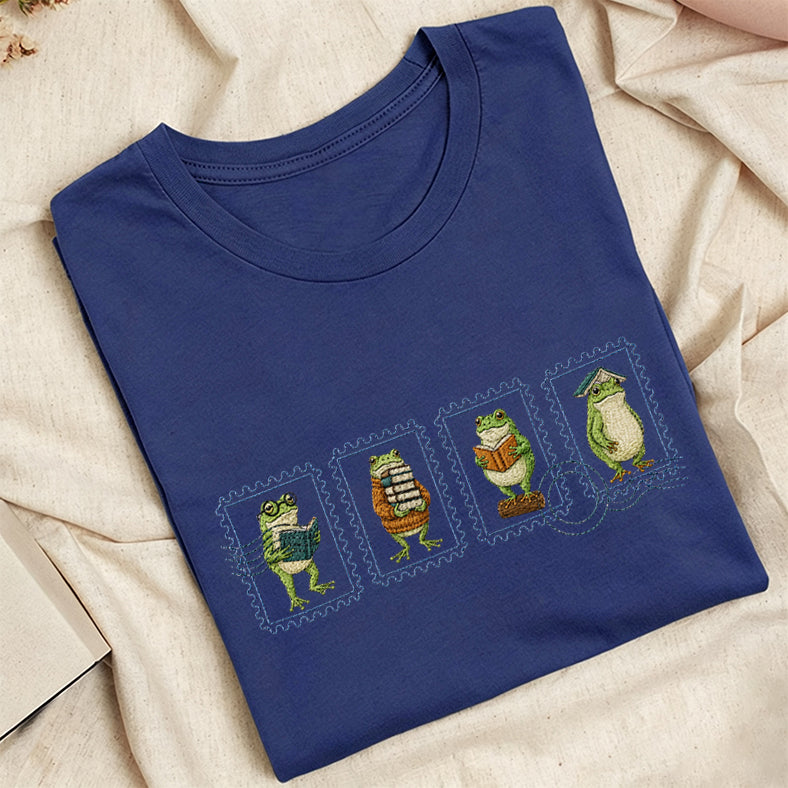 Embroidered Bookish Frog Stamp Classic Adult Unisex Crew Neck T-Shirt