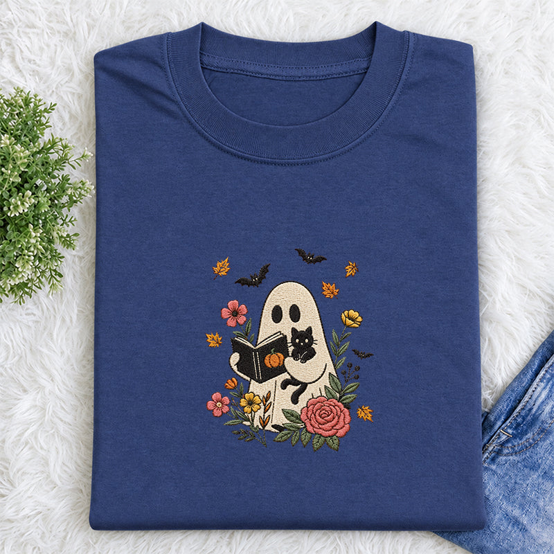 Embroidered Floral Ghost Reading Classic Crew Neck T-Shirt