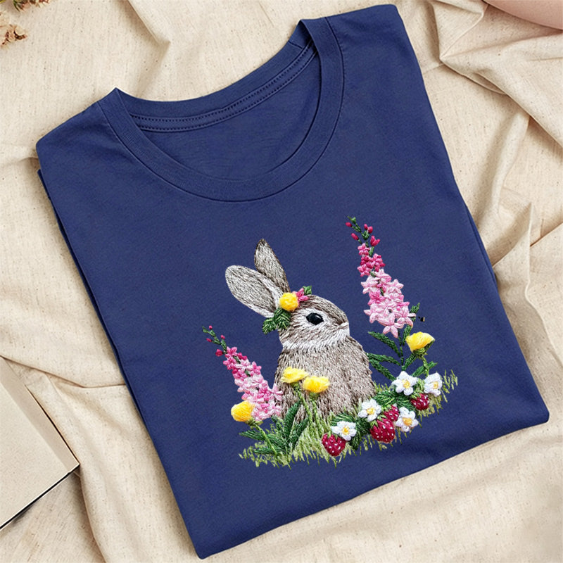 Embroidered Rabbit and Strawberries Classic Adult Unisex Crew Neck T-Shirt