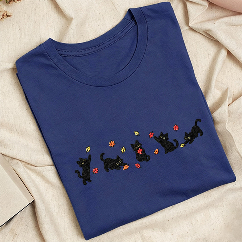 Embroidered Autumn Leaves Black Cats Classic Adult Unisex Crew Neck T-Shirt