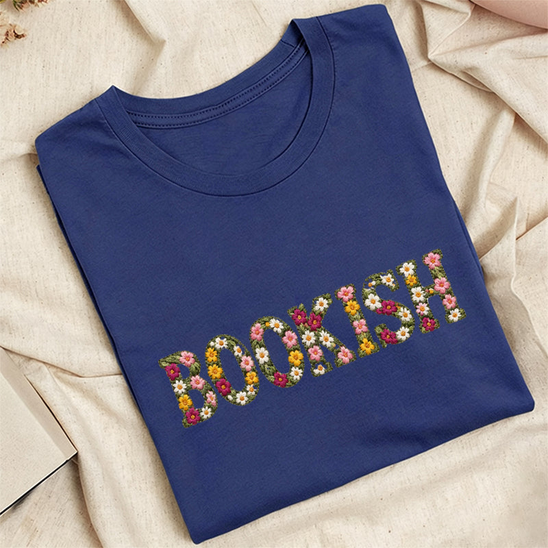 Embroidered Floral Bookish Classic Adult Unisex Crew Neck T-Shirt