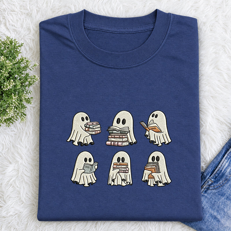 Embroidered Halloween Ghost Book Classic Crew Neck T-Shirt