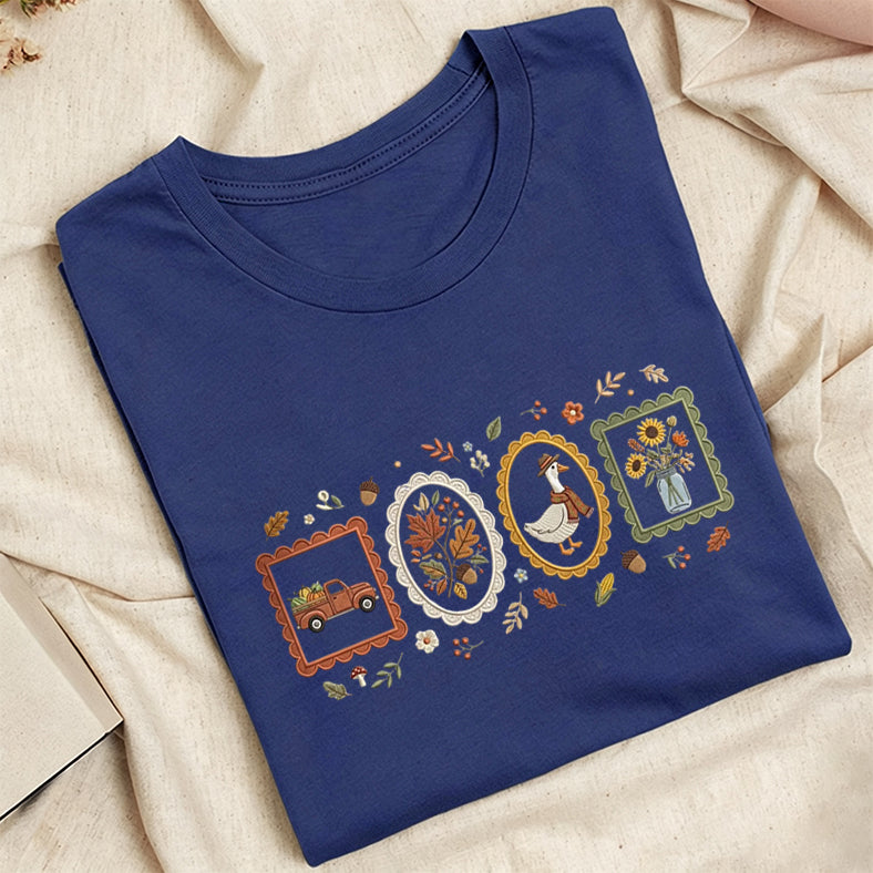 Embroidered Autumn Postcards Classic Adult Unisex Crew Neck T-Shirt