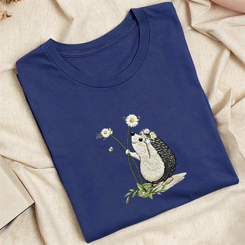 Embroidered Hedgehog Daisy Classic Adult Unisex Crew Neck T-Shirt