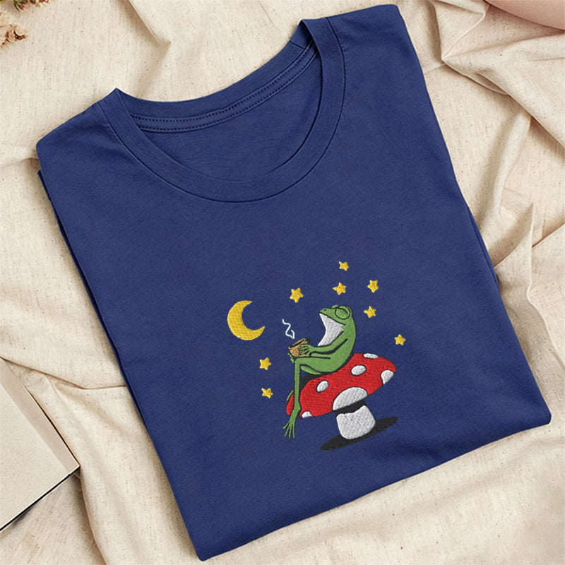 Embroidered Frog Night With Coffee Classic Adult Unisex Crew Neck T-Shirt