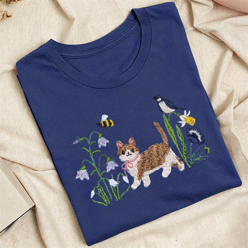 Embroidered Cat Wildflower Classic Adult Unisex Crew Neck T-Shirt