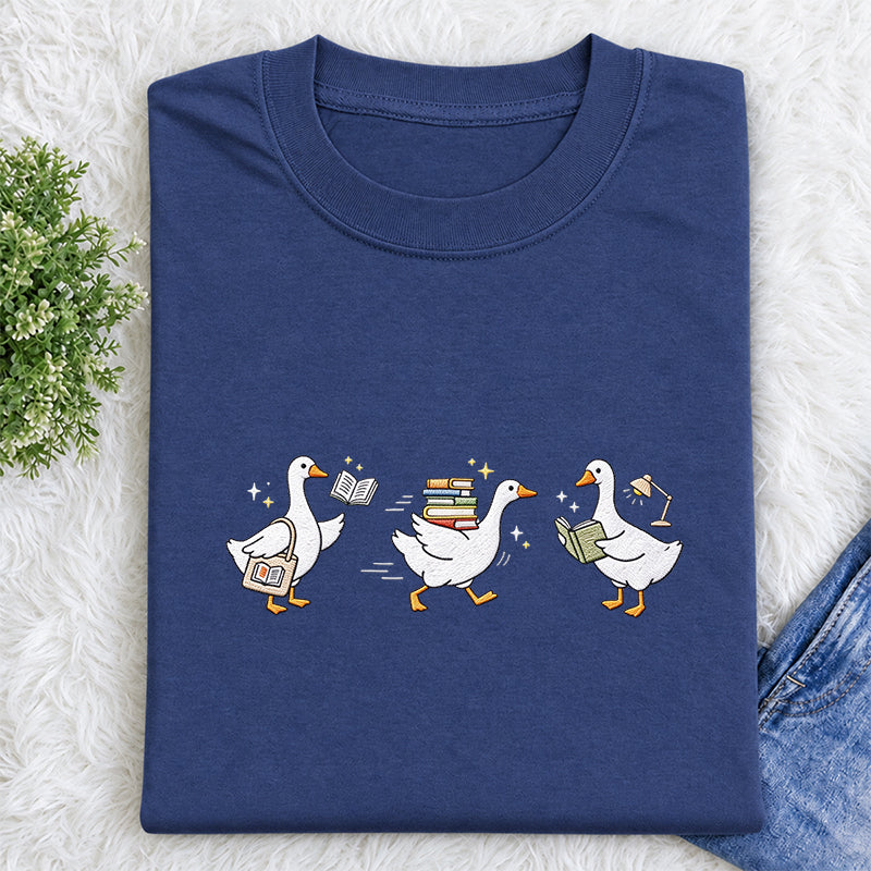Embroidered Goose Reading Books Classic Crew Neck T-Shirt