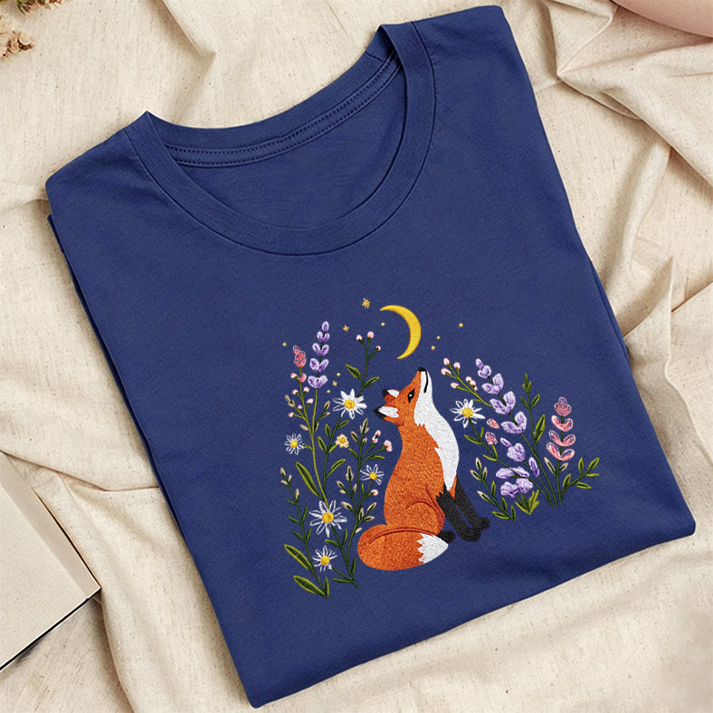 Embroidered Fox Wildflower Classic Adult Unisex Crew Neck T-Shirt