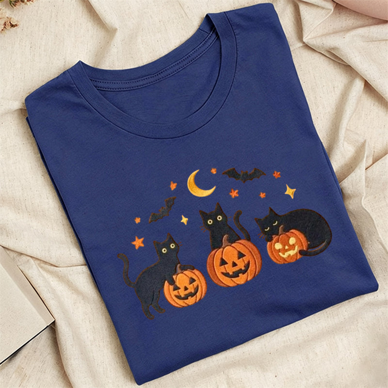 Embroidered Black Cats Pumpkins Classic Adult Unisex Crew Neck T-Shirt