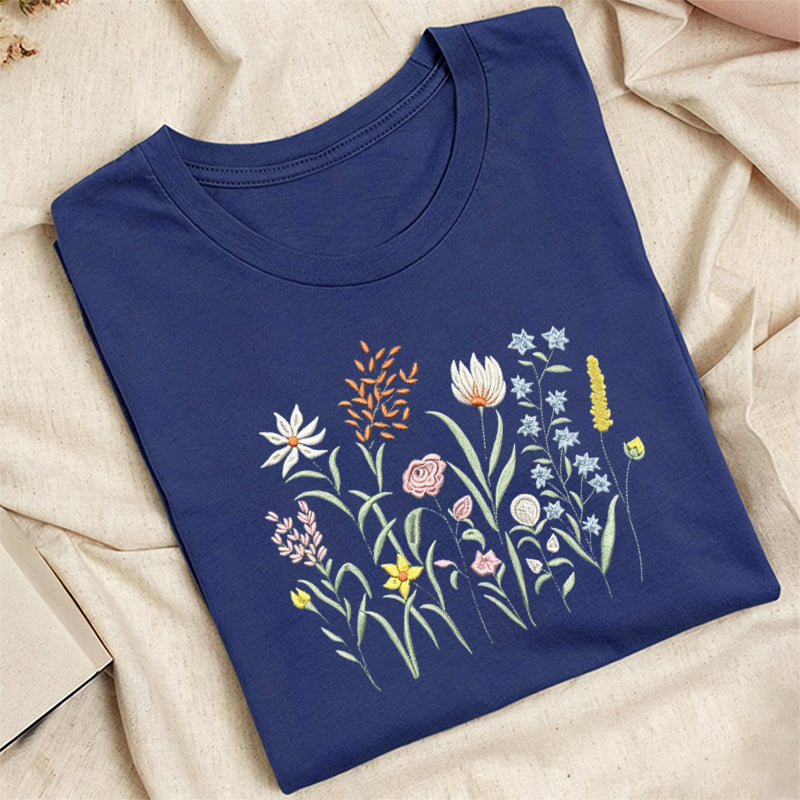 Embroidered Cute Wildflowers Classic Adult Unisex Crew Neck T-Shirt
