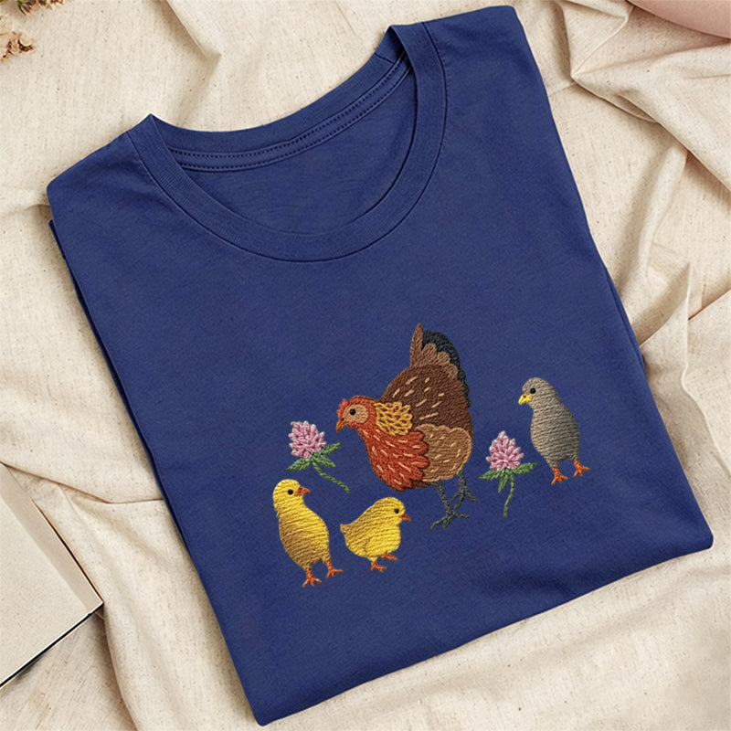 Embroidered Hen & Chicks Classic Adult Unisex Crew Neck T-Shirt