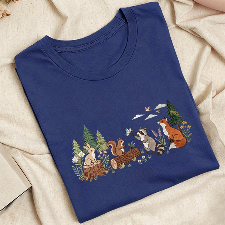 Embroidered Woodland Animals Classic Adult Unisex Crew Neck T-Shirt