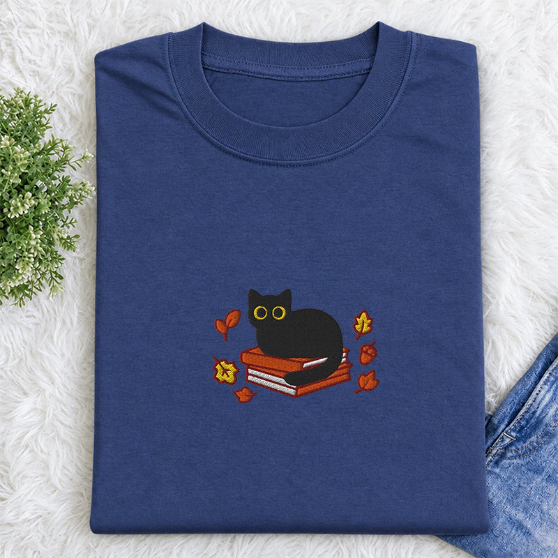 Embroidered Autumn Black Cat Book Classic Crew Neck T-Shirt