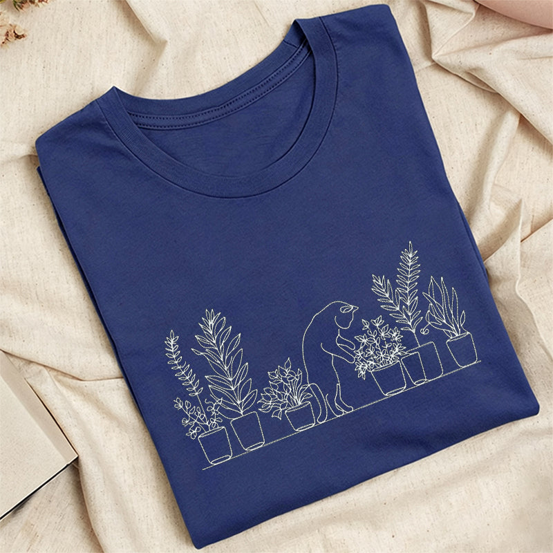 Embroidered Cat and Plant Lover Classic Adult Unisex Crew Neck T-Shirt