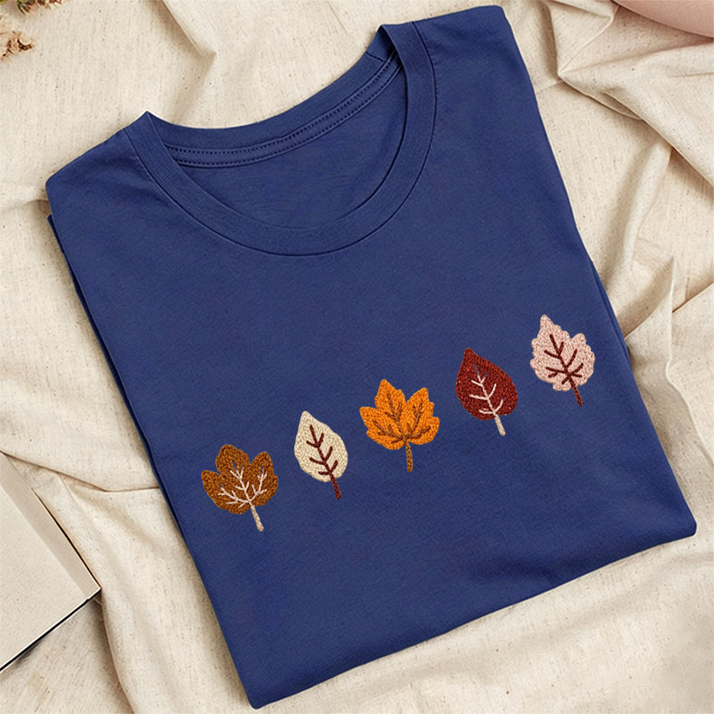 Embroidered Fall Leaves Classic Adult Unisex Crew Neck T-Shirt
