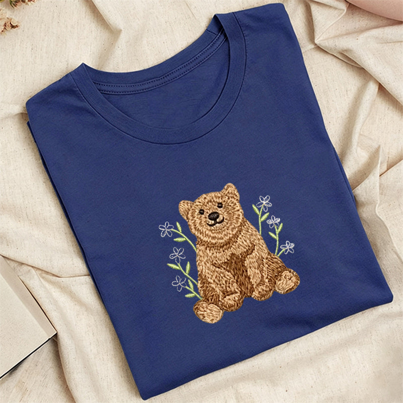 Embroidered Floral Bear Classic Adult Unisex Crew Neck T-Shirt