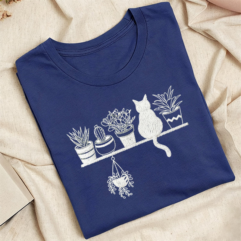 Embroidered Cats And Plants Classic Adult Unisex Crew Neck T-Shirt