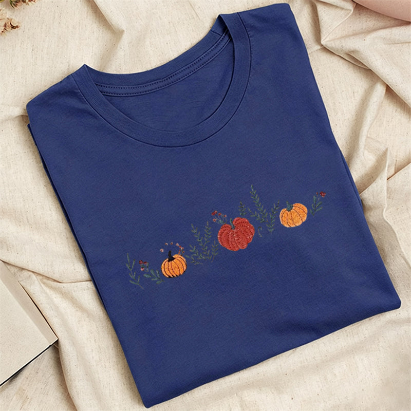 Embroidered Fall Enchanted Pumpkins Classic Adult Unisex Crew Neck T-Shirt