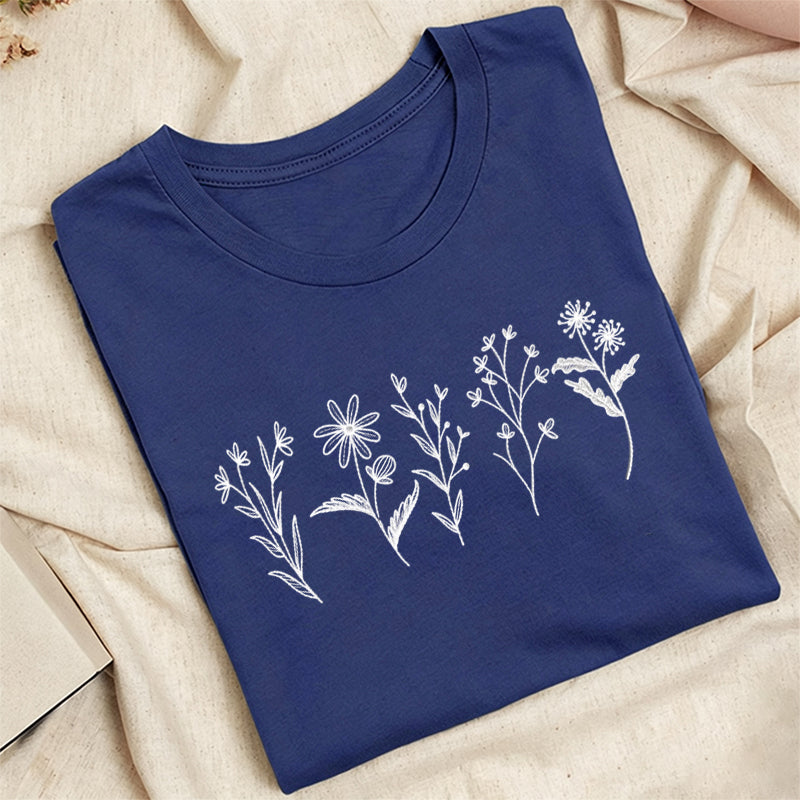 Embroidered Flower Lines Classic Adult Unisex Crew Neck T-Shirt
