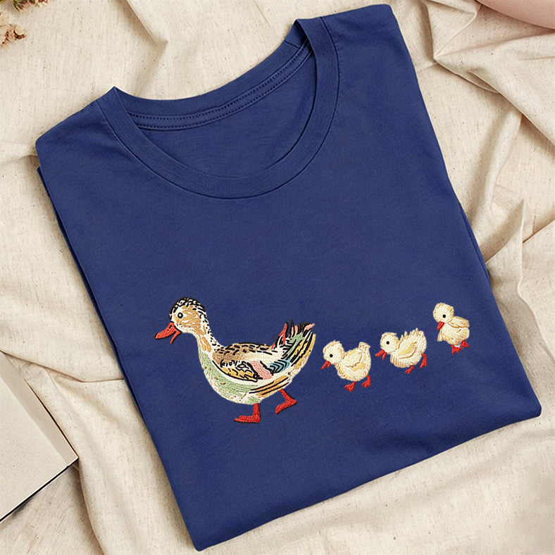 Embroidered Art Mama Duck & Ducklings Classic Adult Unisex Crew Neck T-Shirt