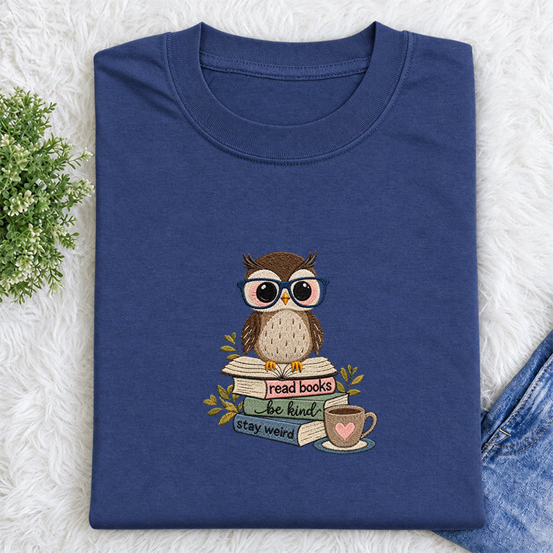 Embroidered Read Books Be Kind Owl Classic Crew Neck T-Shirt