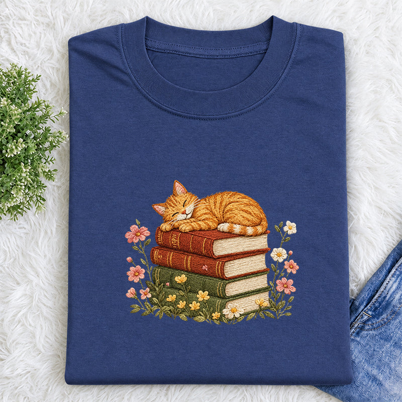 Embroidered Cat Sleeping On Books Classic Crew Neck T-Shirt